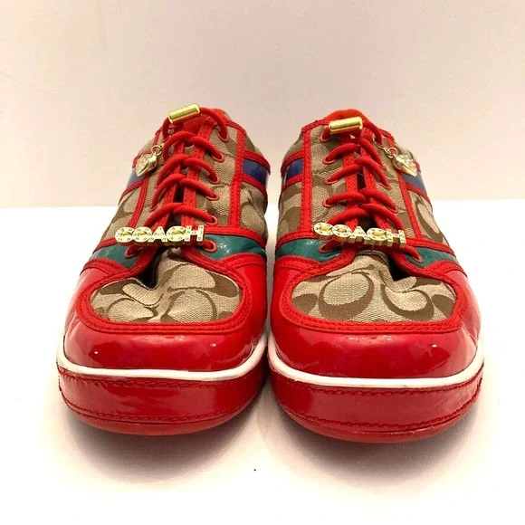 VTG Coach Women's Sneakers Oriana Size 9.5 Rhinestones Charms Logo Red Khaki Y2K - Picture 5 of 14